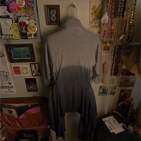 Ombre Dyed Tied Cardigan Women's Small Gray Navy Blue Short Sleeve Wrap - Picture 2 of 5